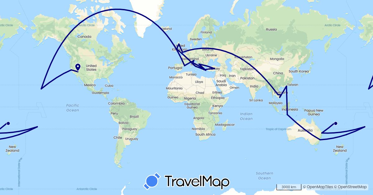 TravelMap itinerary: driving in Australia, Cook Islands, China, Spain, France, United Kingdom, Greece, Croatia, Indonesia, Ireland, Italy, Cambodia, Turkey, United States, Vietnam, Vanuatu (Asia, Europe, North America, Oceania)