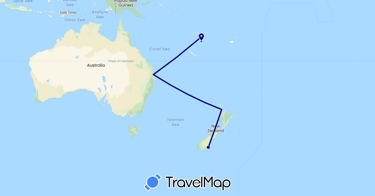 TravelMap itinerary: driving in Australia, New Zealand, Vanuatu (Oceania)