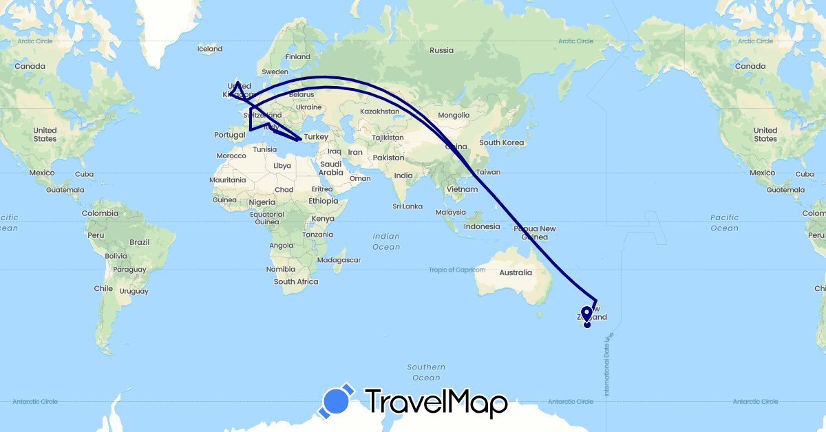 TravelMap itinerary: driving in China, Spain, France, United Kingdom, Greece, Croatia, Ireland, Italy, New Zealand, Turkey (Asia, Europe, Oceania)